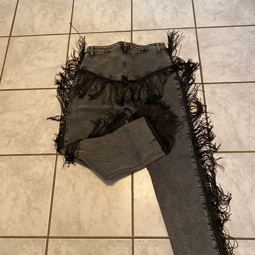 Nasty Gal Washed Black Fringe-Trim Skinny Jeans